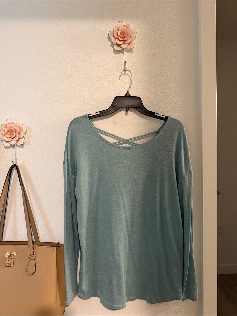flirtitude Sage Green Crisscross Back Long Sleeve Top